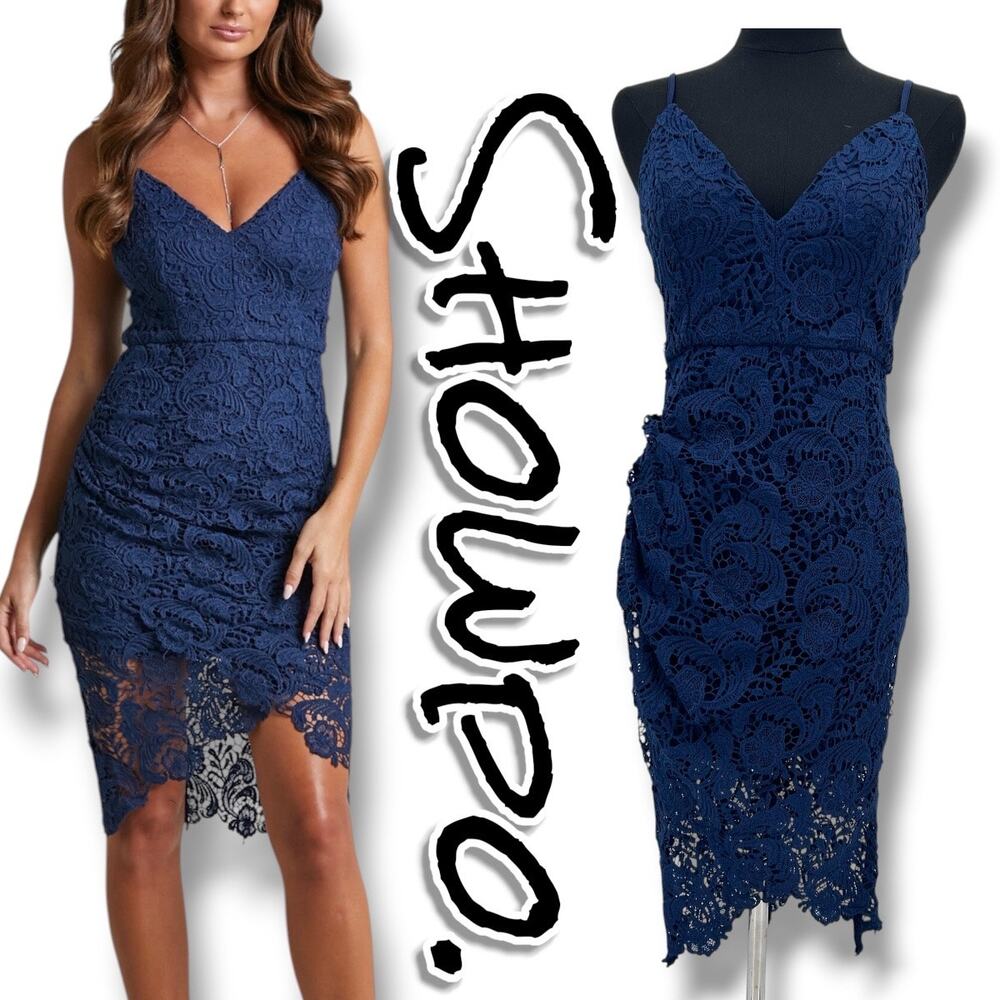 Showpo Typical Lover Navy Lace Midi Dress 8 Ruched V Neck Bodycon Cocktail Date